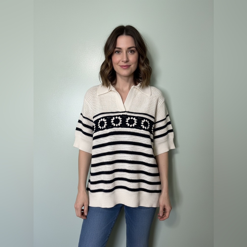 Skies Are Blue NEW  Floral Striped Knit Polo - Black & Cream Size 1X